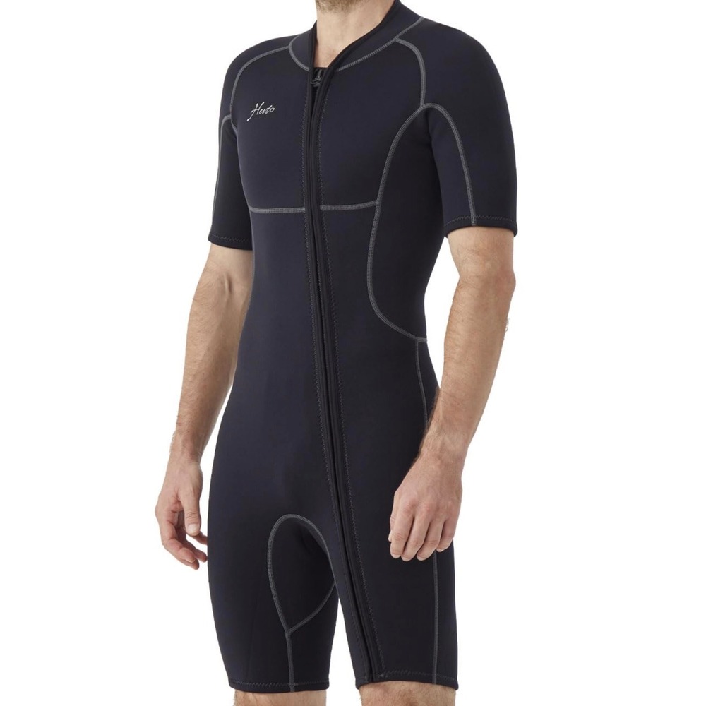 Hevto Shorty Wetsuit Men Large Black 2mm Neoprene Front Zip Short Sleeve